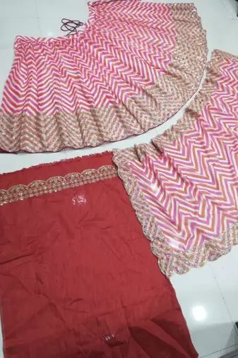 Multicolor Thread Embroidered Georgette Laheriya Printed Indian Lehenga Dress
