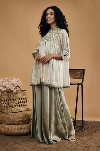Grey azra embellished top with flared pants