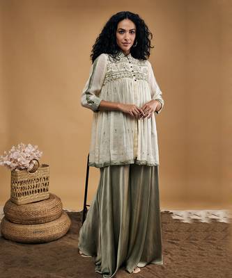 Grey azra embellished top with flared pants 3