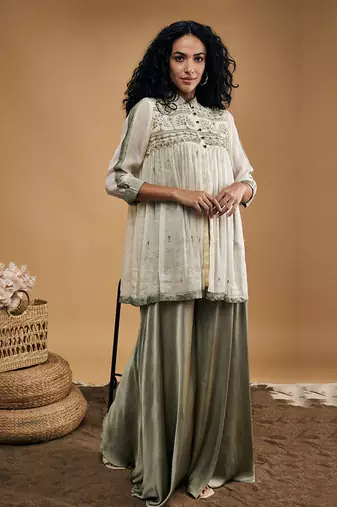 Grey azra embellished top with flared pants