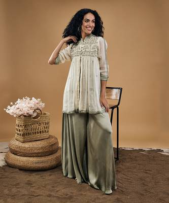 Grey azra embellished top with flared pants 4