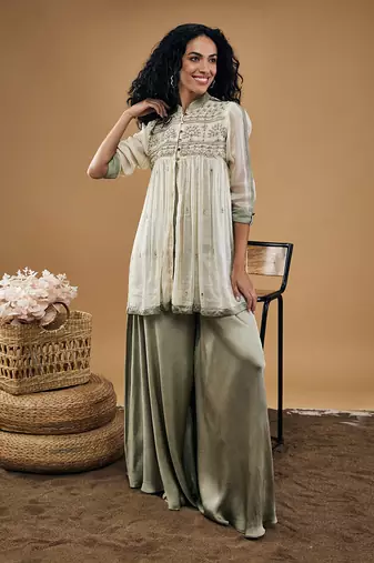 Grey azra embellished top with flared pants