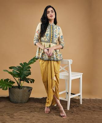 Yellow bird and tile printed peplum top with drape skirt 1