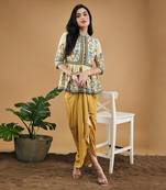 Yellow bird and tile printed peplum top with drape skirt