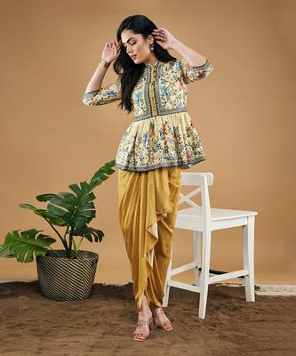 Yellow bird and tile printed peplum top with drape skirt 2