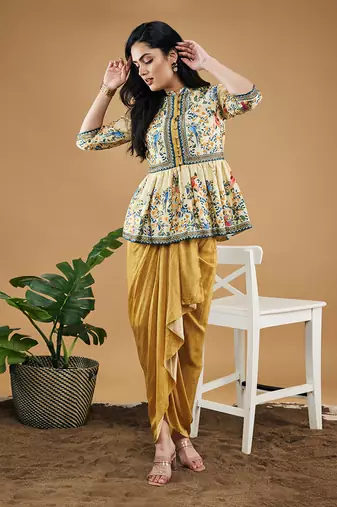 Yellow bird and tile printed peplum top with drape skirt