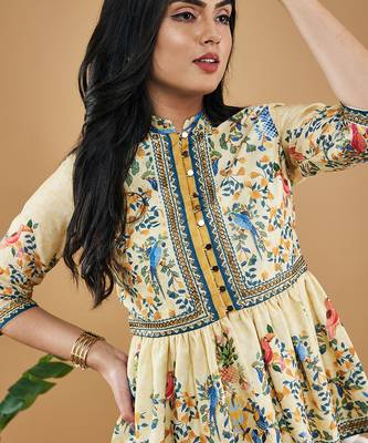 Yellow bird and tile printed peplum top with drape skirt 3