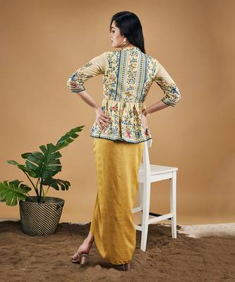 Yellow bird and tile printed peplum top with drape skirt 4