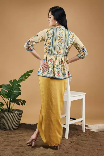 Yellow bird and tile printed peplum top with drape skirt