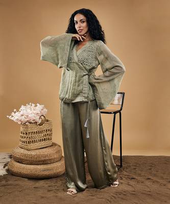 Grey azra embellished overlaped top with pants 1