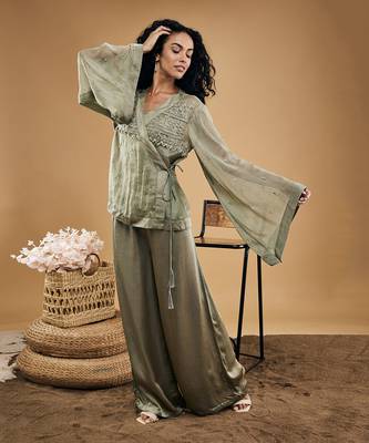 Grey azra embellished overlaped top with pants 2