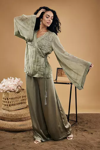 Grey azra embellished overlaped top with pants