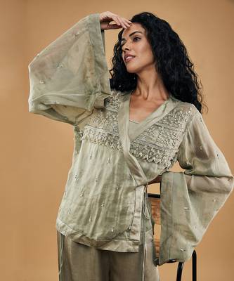 Grey azra embellished overlaped top with pants 3
