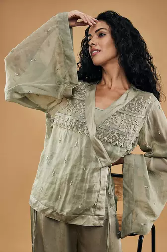 Grey azra embellished overlaped top with pants