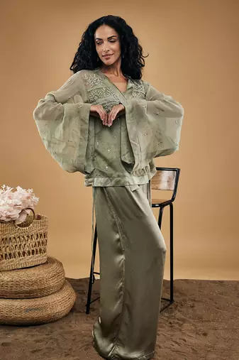 Grey azra embellished overlaped top with pants