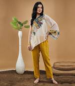 Off white & yellow zinnia applique one shoulder top with pants