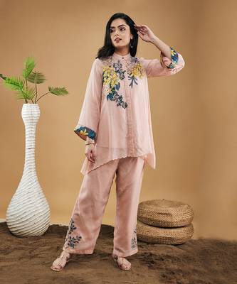 Peach zinnia applique high low shirt with pants 1