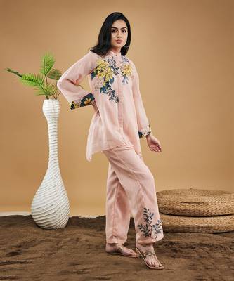 Peach zinnia applique high low shirt with pants 2