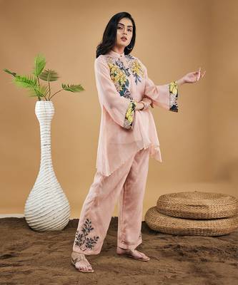 Peach zinnia applique high low shirt with pants 3
