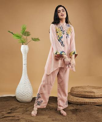 Peach zinnia applique high low shirt with pants 4