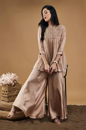 Mauve azra embellished top with flared pants