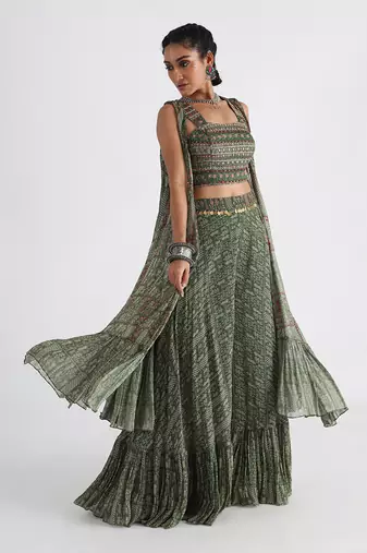 Olive green printed cape set