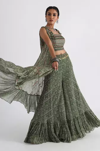 Olive green printed cape set