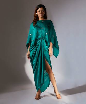 Teal green embroidered drape dress 1