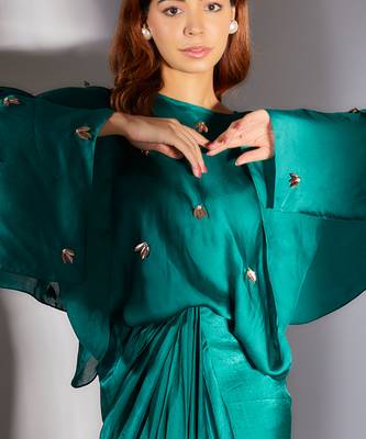 Teal green embroidered drape dress 2