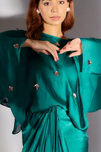 Teal green embroidered drape dress