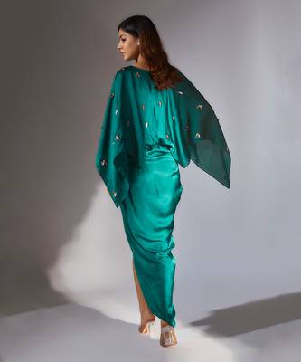 Teal green embroidered drape dress 3