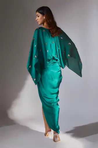 Teal green embroidered drape dress