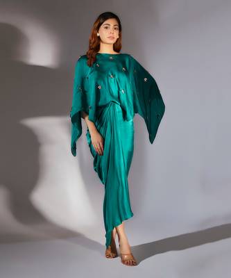 Teal green embroidered drape dress 4