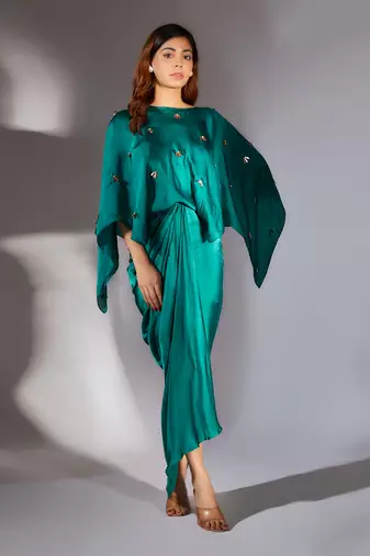Teal green embroidered drape dress