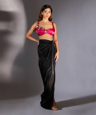 Pink & black embroidered draped skirt set 1