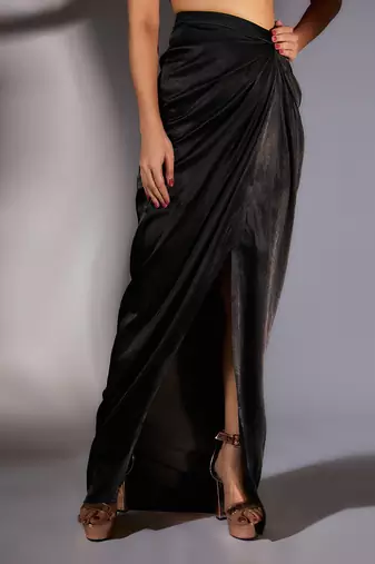 Pink & black embroidered draped skirt set