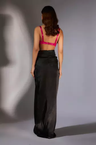 Pink & black embroidered draped skirt set