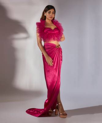 Hot pink ruffle embroidered draped skirt set 1