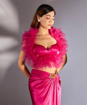Hot pink ruffle embroidered draped skirt set 2
