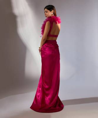 Hot pink ruffle embroidered draped skirt set 3