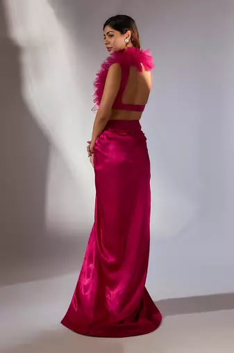 Hot pink ruffle embroidered draped skirt set