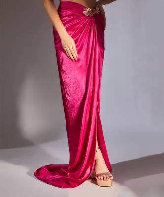 Hot pink ruffle embroidered draped skirt set 4