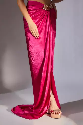 Hot pink ruffle embroidered draped skirt set