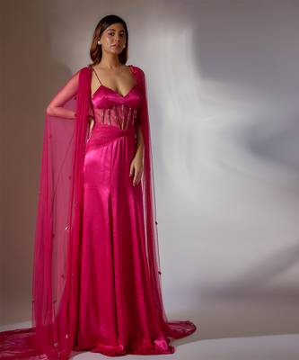 Hot pink embroidered gown with cape 2