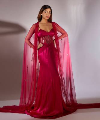 Hot pink embroidered gown with cape 3