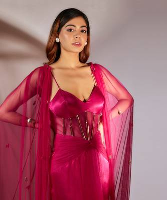 Hot pink embroidered gown with cape 4