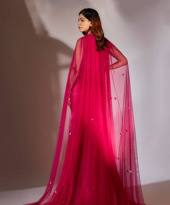 Hot pink embroidered gown with cape 5