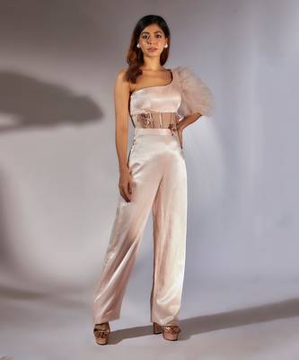 Baby pink embroidered one shoulder corset jumpsuit 1