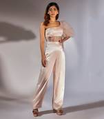 Baby pink embroidered one shoulder corset jumpsuit