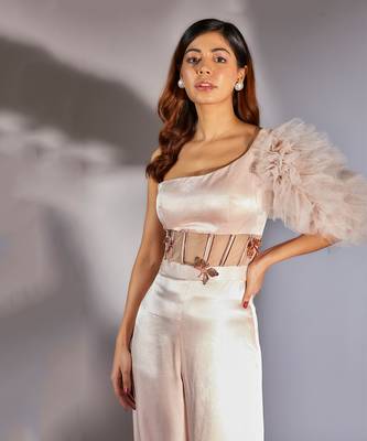 Baby pink embroidered one shoulder corset jumpsuit 2